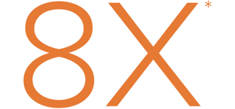 This image features the text "8X" in bold, orange letters on a plain, light gray background, with a small asterisk following the "X."