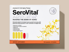 SeroVital white supplement box standing upright on a light background, featuring a minimalist label and subtle shadow at the base.