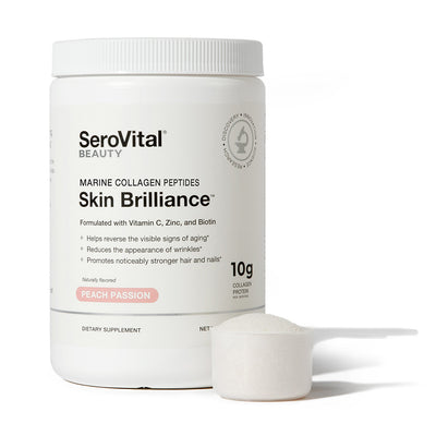 A tub of Skin Brilliance marine collagen peptides with a scoop of powder on a white background