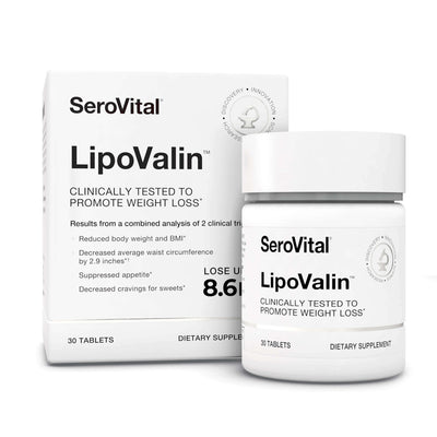 A box and bottle of LipoValin, the clinically tested weight loss pill, on a white background