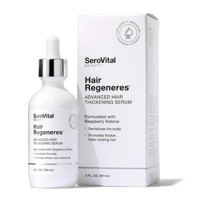 A bottle and box of Hair Regeneres Advanced Hair Thickening Serum on a white background