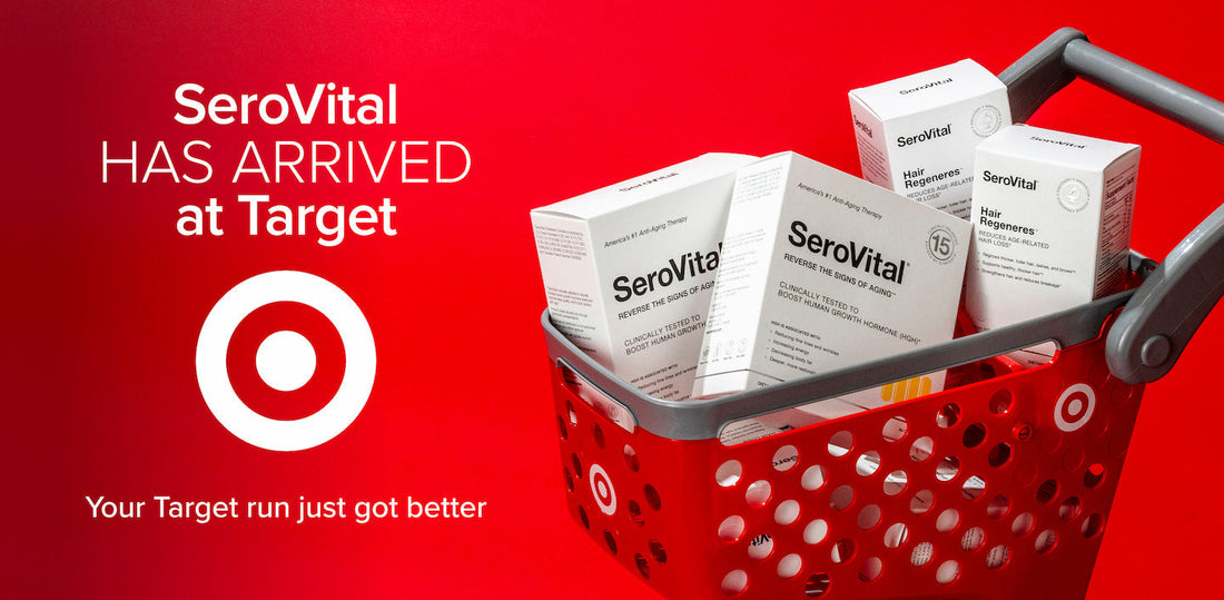 SeroVital anti-aging and Hair Regeneres supplement boxes inside a red Target shopping cart with "SeroVital Has Arrived at Target" text