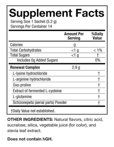 A supplement facts box showing the ingredients contained in SeroVital Rapid Dissolve Powder