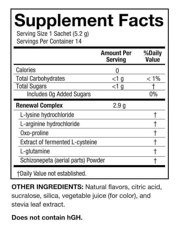 A supplement facts box showing the ingredients contained in SeroVital Rapid Dissolve Powder