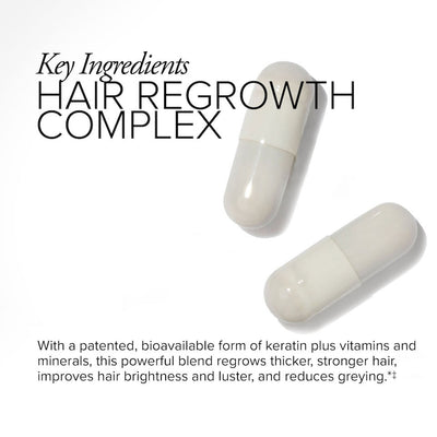 Two white capsules lying on a white background with text showing the Hair Regrowth Complex includes a patented form of bioavailable keratin plus vitamins and minerals
