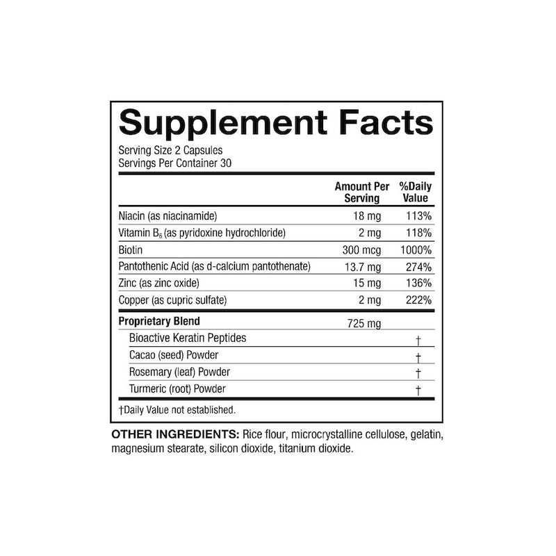 A supplement facts box showing the ingredients in Hair Regeneres
