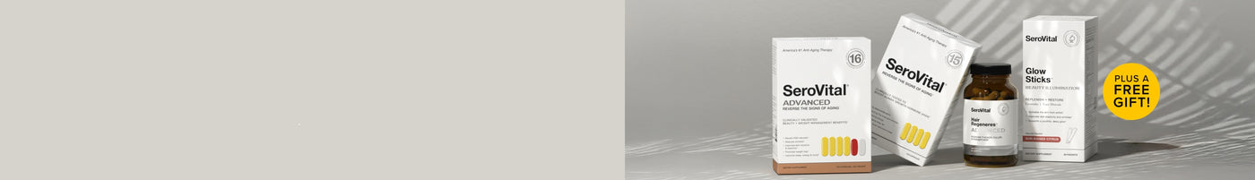 SeroVital Supplement packages with a free gift label on a gray background