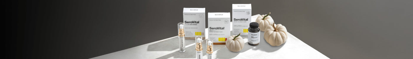 SeroVital products including boxes, bottles, and vials on a neutral background