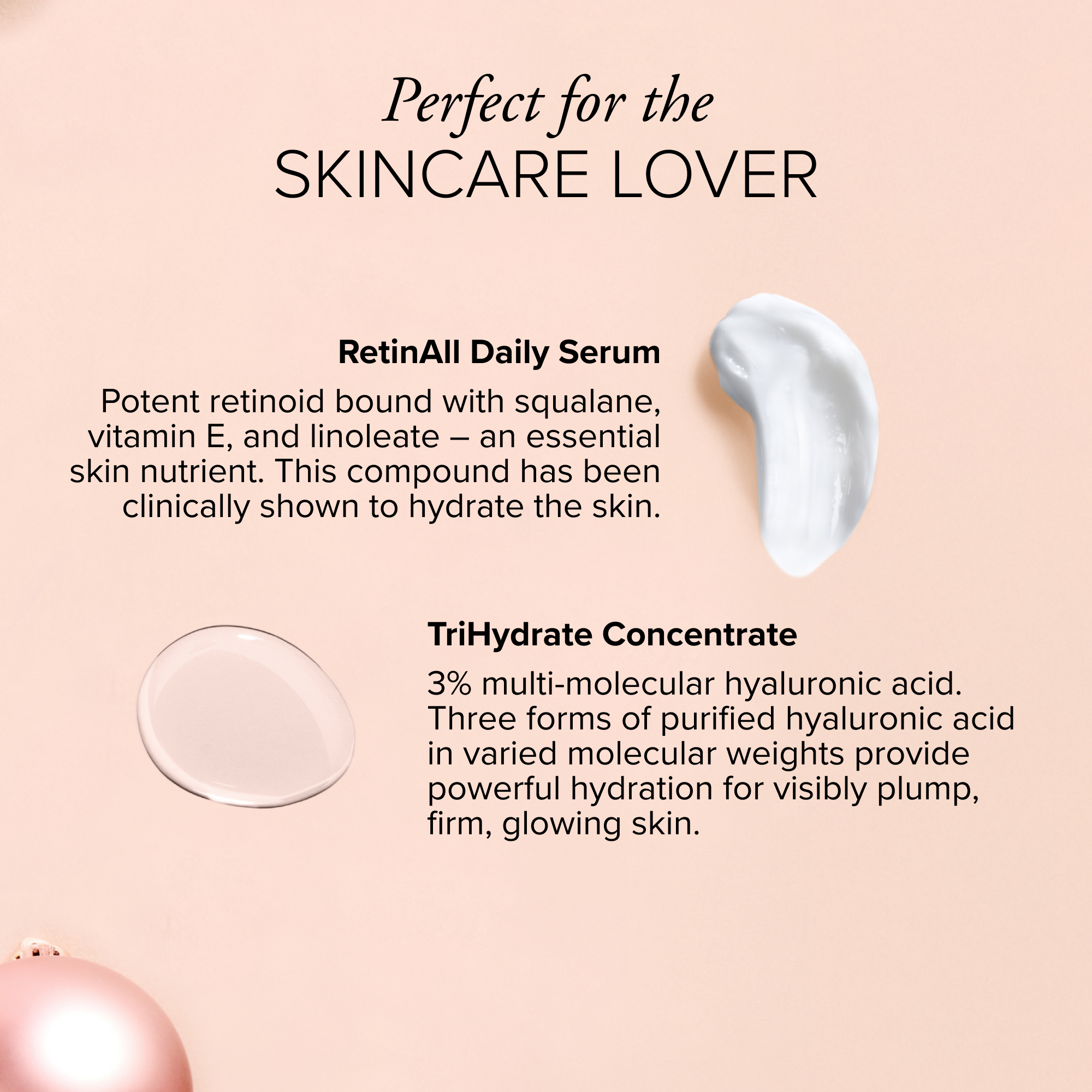 SeroVital Holiday Glow Kit product information showing RetinAll Daily Serum and TriHydrate Concentrate textures