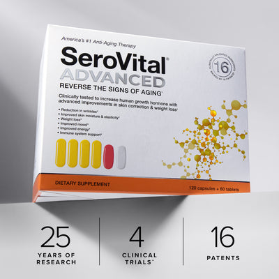 A box of anti-aging therapy Serovital Advanced on a grey background, with text showing it's backed by 25 years of research and 16 patents, with its renewal complex backed by 4 clinical trials.