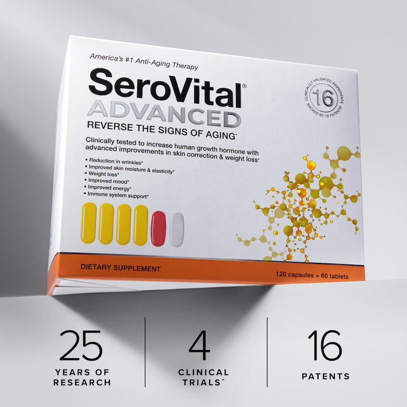 A box of anti-aging therapy Serovital Advanced on a grey background, with text showing it&