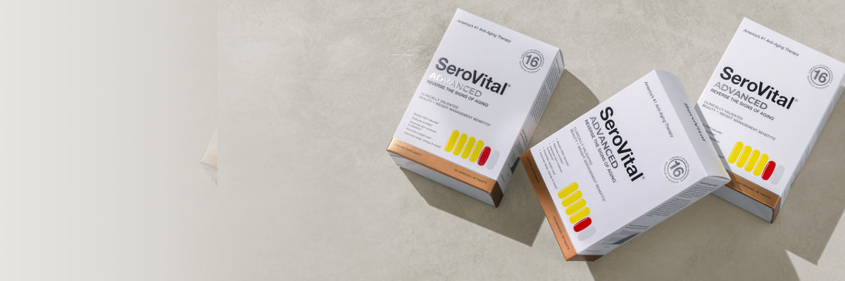 Three SeroVital supplement boxes arranged on a light beige surface, with the brand name clearly visible on the packaging.