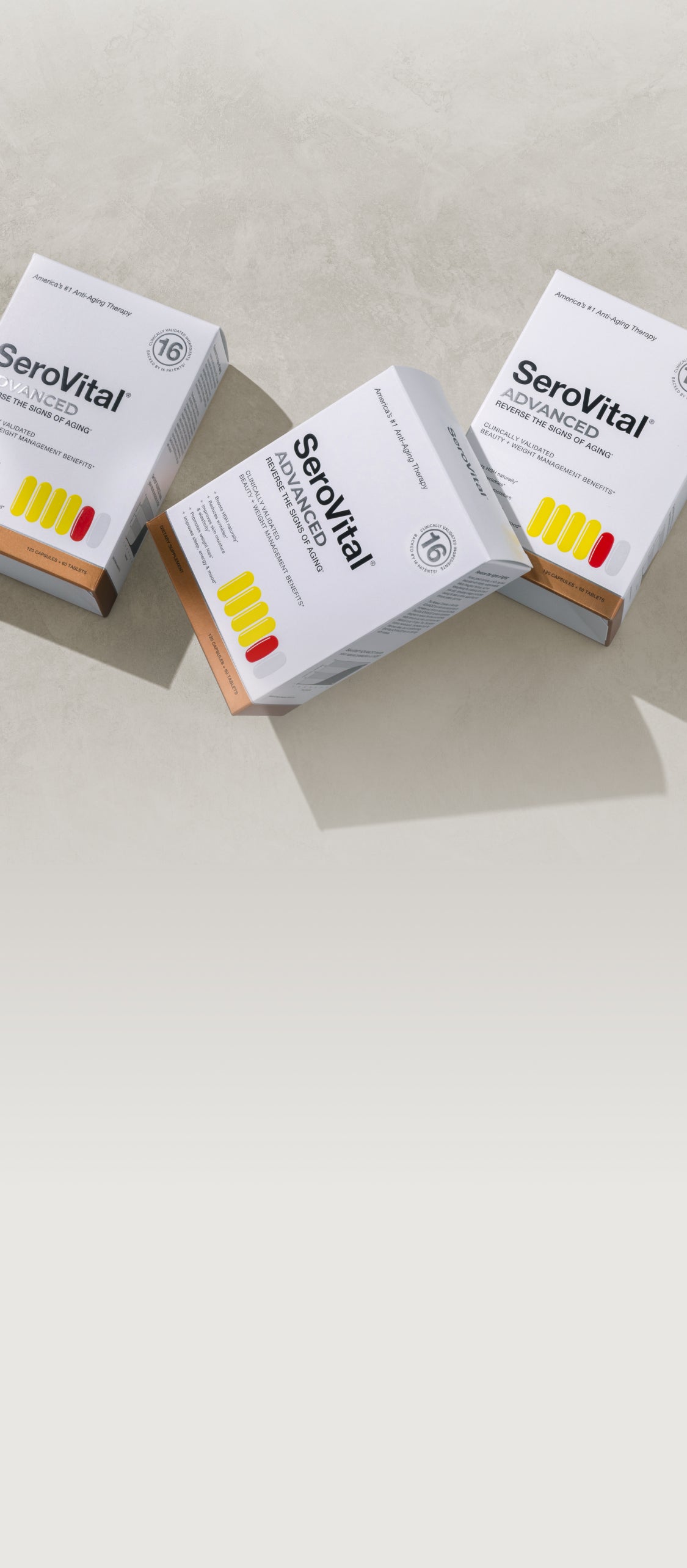 Three boxes of SeroVital Advanced anti-aging dietary supplement on a light surface