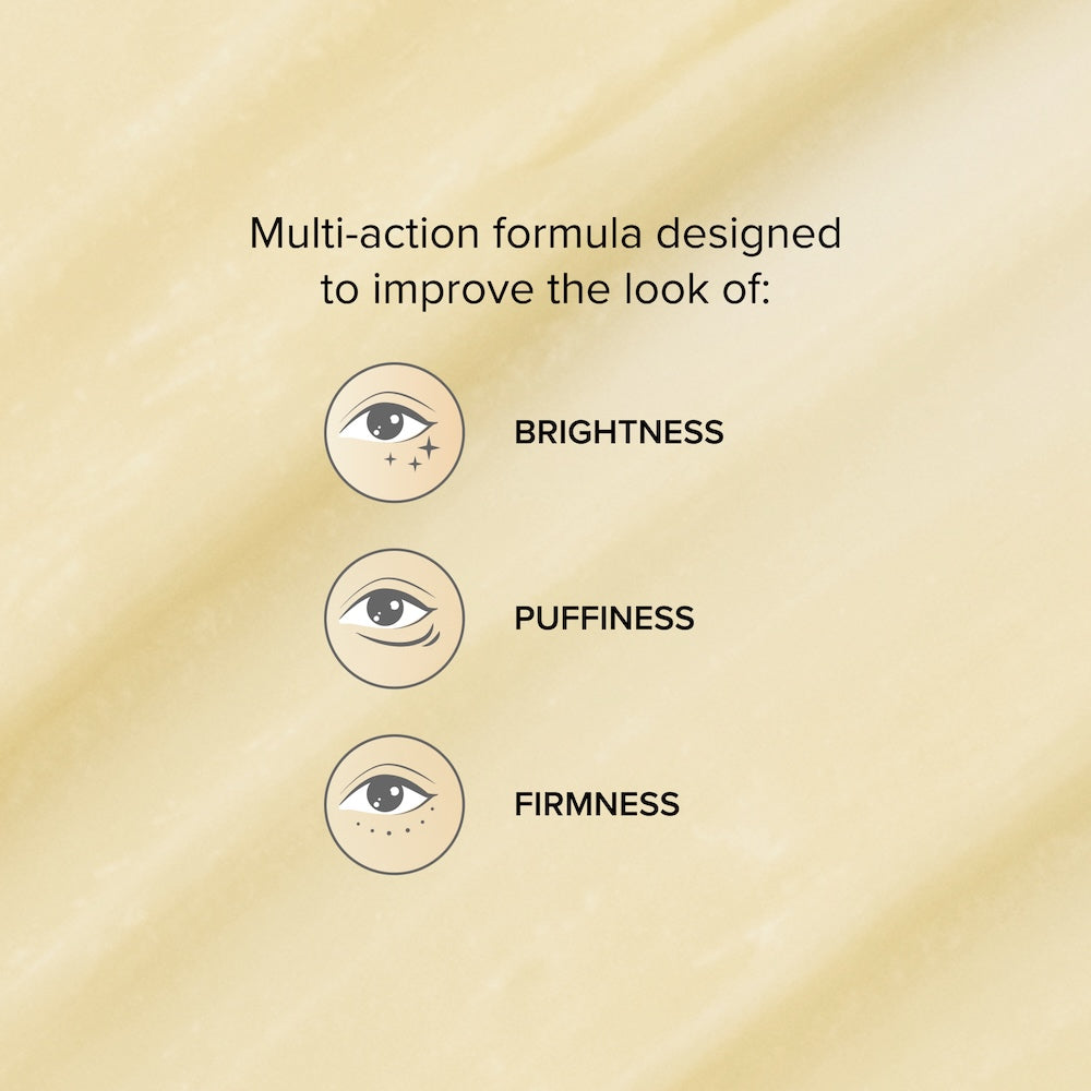 Icons on a textured background, describing Dark Circle Eraser as a multi-action formula designed to improve the look of brightness, puffiness, and firmness.