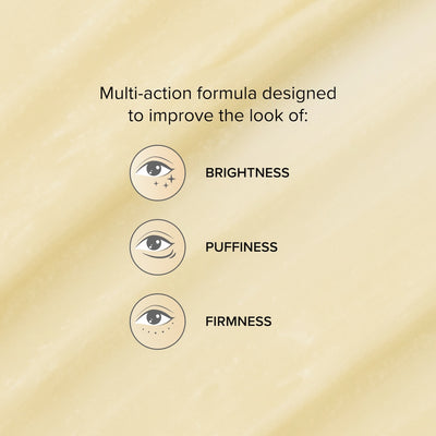 Icons on a textured background, describing Dark Circle Eraser as a multi-action formula designed to improve the look of brightness, puffiness, and firmness.