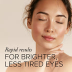 Beautiful woman with glowing skin and closed eyes on a beige background, with copy: Rapid results for brighter, less tired eyes. 