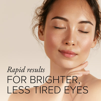 Beautiful woman with glowing skin and closed eyes on a beige background, with copy: Rapid results for brighter, less tired eyes. 