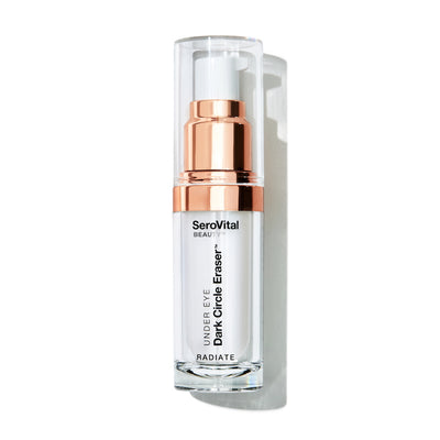 A white and rose gold pump bottle of SeroVital Beauty Dark Circle Eraser sits vertically against a white background, casting a slight shadow to its right.