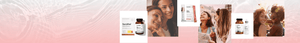 Light pink/white gradient banner with product shots and people smiling, embracing, and laughing, showcasing health and wellness products in a lifestyle context.