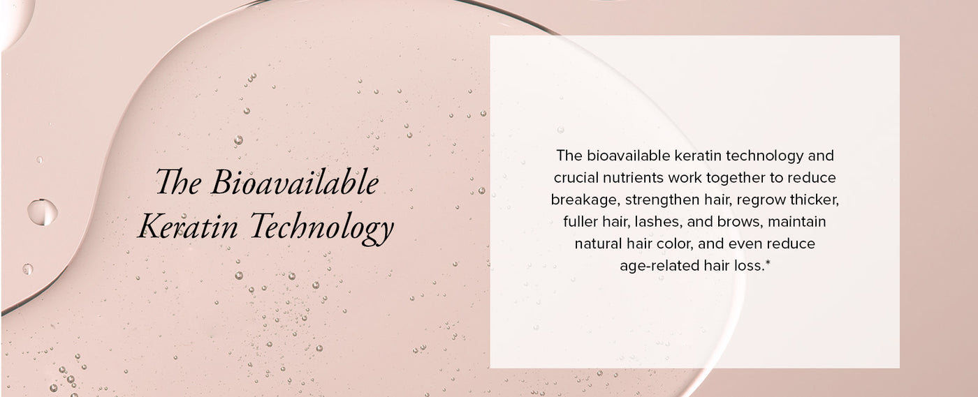 Light pink liquid with bubbles and text showing Hair Regeneres uses bioavailable keratin technology.