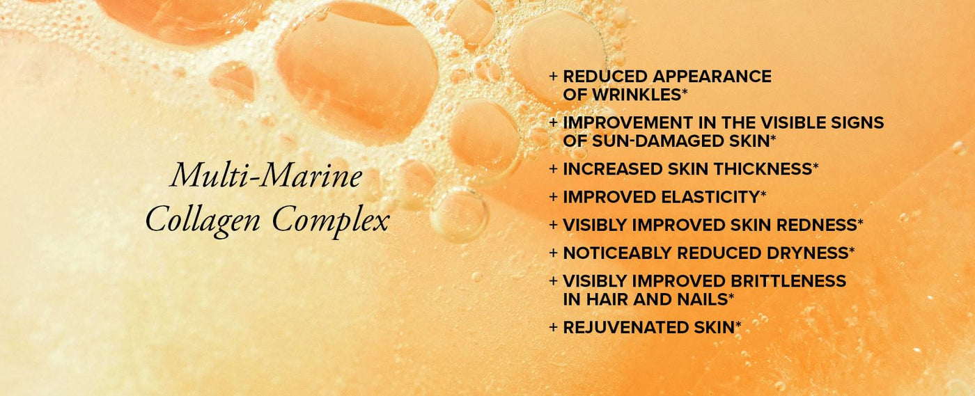 Yellow bubbles of liquid with text showing Skin Brilliance reduces the appearance of wrinkles, improves elasticity, and rejuvenates skin
