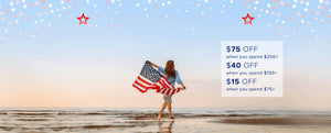Woman holding an American flag on a beach with promotional text overlay