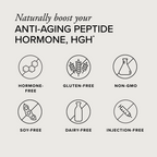 Promotional graphic for boosting anti-aging peptide hormone HGH with icons and text indicating features like hormone-free, gluten-free, non-GMO, soy-free, dairy-free, and injection-free.