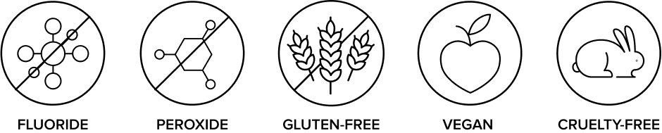 Set of icons for fluoride, peroxide, gluten-free, vegan, and cruelty-free labels.