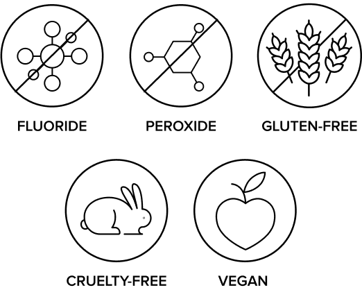 Set of icons indicating 'Fluoride', 'Peroxide', 'Gluten-Free', 'Cruelty-Free', and 'Vegan' statuses.
