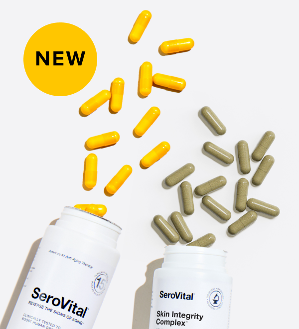 An image featuring two open bottles of SeroVital anti-aging supplements spilling out yellow and green capsules.