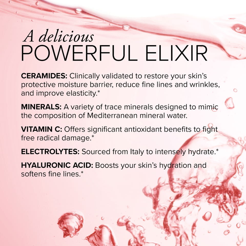 Text on a background of pink liquid with bubbles highlight key ingredients in SeroVital Glow Sticks such as: Ceramides, Minerals, Vitamin C, Electrolytes, and Hyaluronic Acid. 