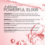 Text on a background of pink liquid with bubbles highlight key ingredients in SeroVital Glow Sticks such as: Ceramides, Minerals, Vitamin C, Electrolytes, and Hyaluronic Acid. 