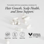 White capsules lying on a grey background with icons showing Hair Regeneres ADVANCED is gluten free, soy free, and dairy free, PETA certified.