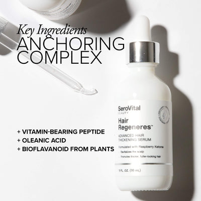 SeroVital Hair Regeneres serum bottle with key ingredients listed on a white background