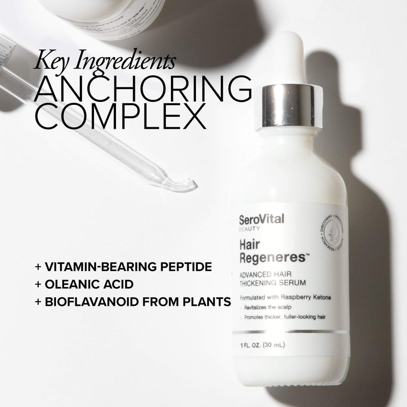 SeroVital Hair Regeneres serum bottle with key ingredients listed on a white background