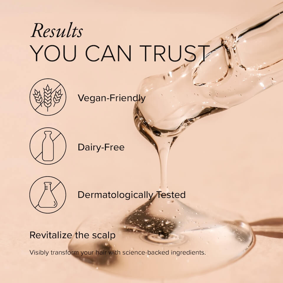 A dropper releasing the clear serum along with icons showing it's vegan friendly, dermatologically tested, dairy-free, and safe for sensitive skin