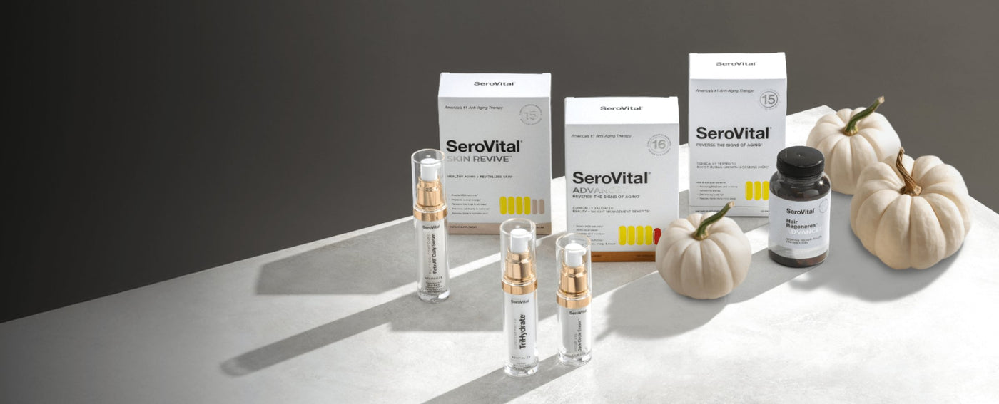 SeroVital products including boxes, bottles, and vials on a neutral background