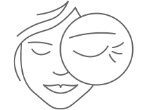 This is a minimalist line drawing of a person's face with closed eyes and a slight smile, depicted in grayscale.