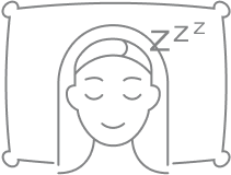 This is a simple line drawing of a person sleeping peacefully on a pillow, with closed eyes, a slight smile, and ZZZ symbols above their head to indicate sleep.
