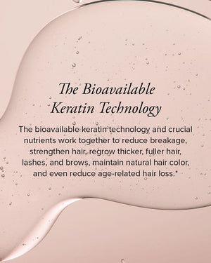 Light pink liquid with bubbles and text showing Hair Regeneres uses bioavailable keratin technology.