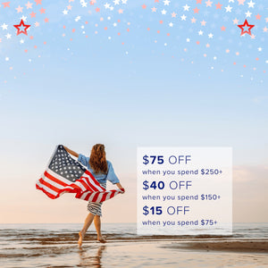 Person holding an American flag on a beach with promotional text overlay