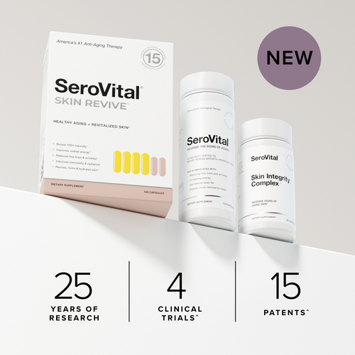 A white box of NEW SeroVital Skin Revive dietary supplement next to 2 white bottles of SeroVital and Skin Integrity Complex. Highlighting 25 Years of Research, 4 Clinical Trials, and 15 Patents.