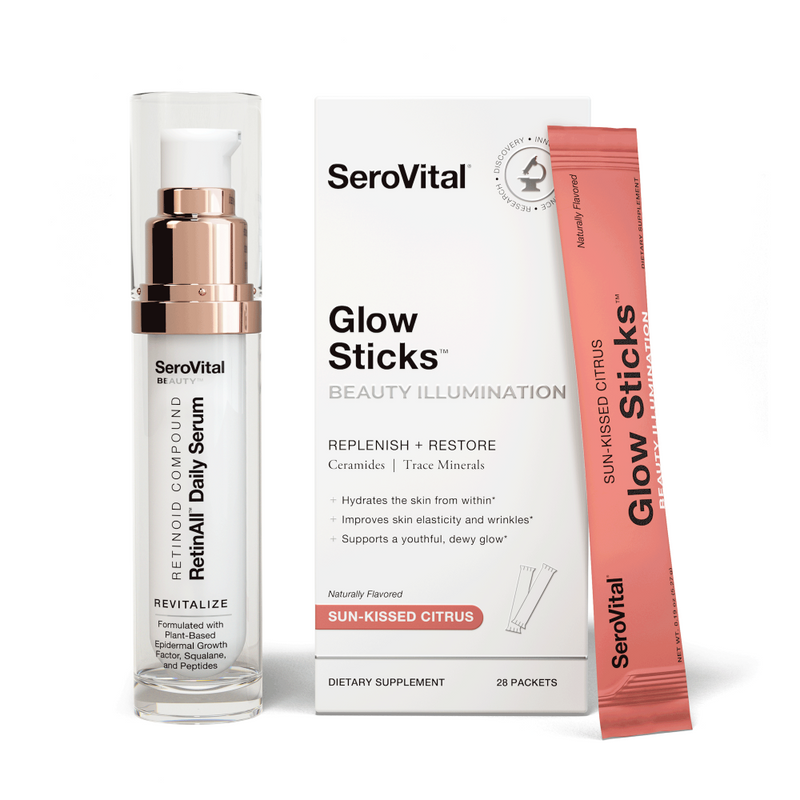 Serovital RetinAll serum, Glow Sticks (Sun-Kissed Citrus), and a single Glow Stick packet.