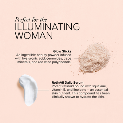 Serovital Glow Sticks powder and RetinAll Daily Serum cream, marketed as "Perfect for the ILLUMINATING WOMAN," highlighting ingredients and benefits.