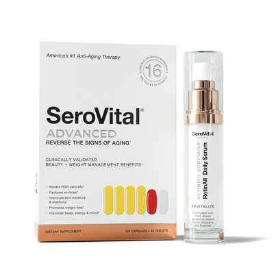 SeroVital Rejuventators Bundle - a box of SeroVital ADVANCED next to a bottle of RetinAll Daily Serum. 
