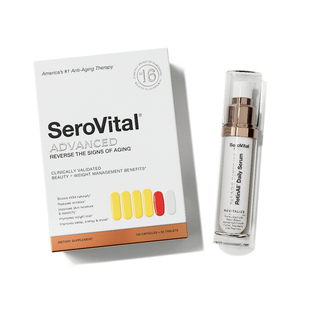 A box of SeroVital ADVANCED next to a bottle of RetinAll Daily Serum