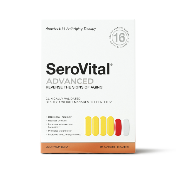 Front view of SeroVital Advanced box on a white background: "America&
