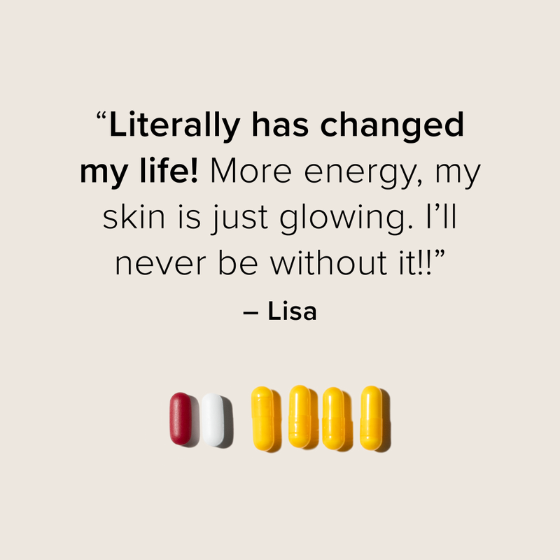 A happy customer review "Quote: "Literally has changed my life! More energy, my skin is glowing. I&