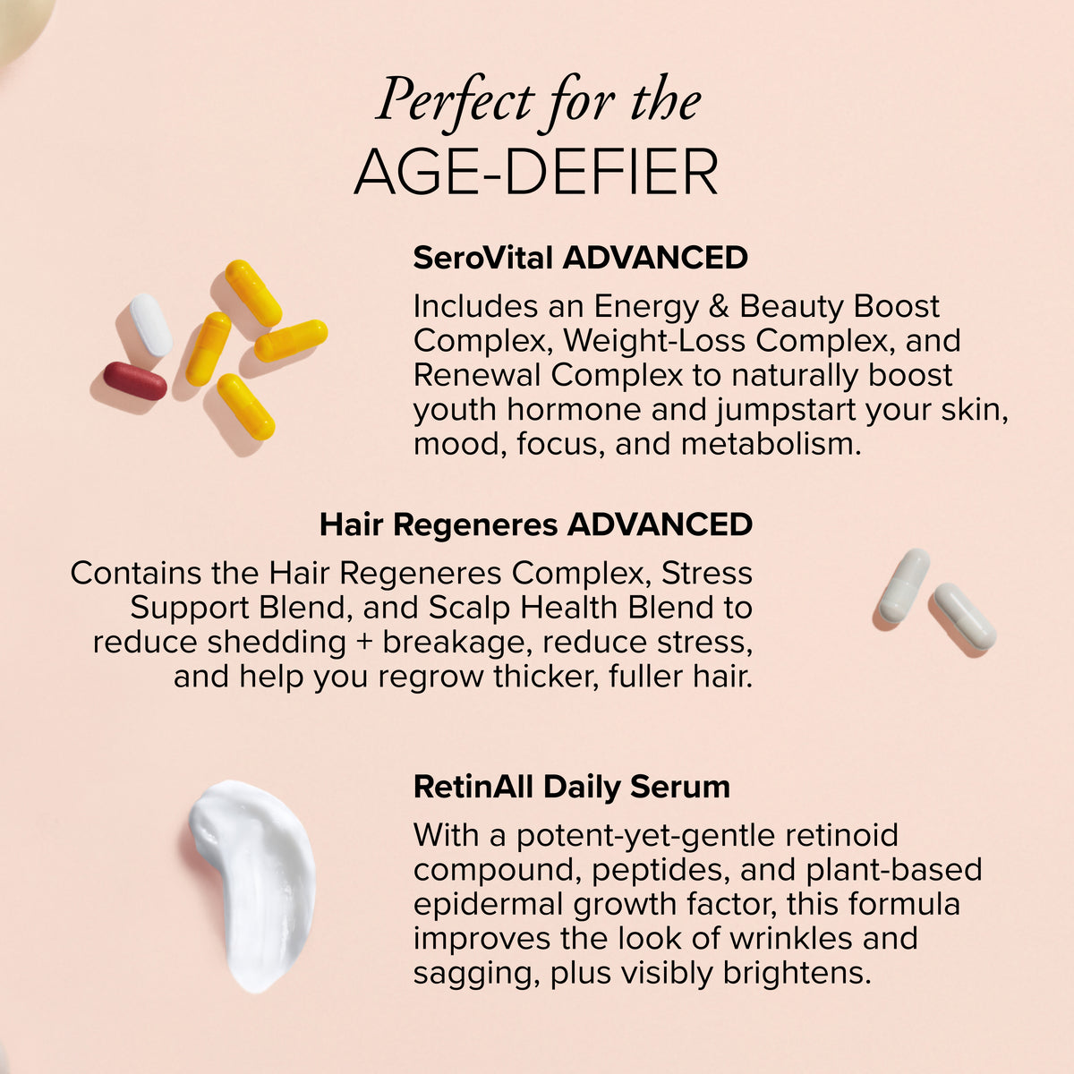 SeroVital New Year Renewal infographic showing capsules and serum with product descriptions