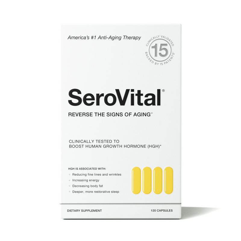 Front shot of SeroVital box on a white background: Americas number 1 Anti-Aging Therapy, reverses aging signs, boosts hGH, reduces wrinkles, improves sleep, 120 capsules.